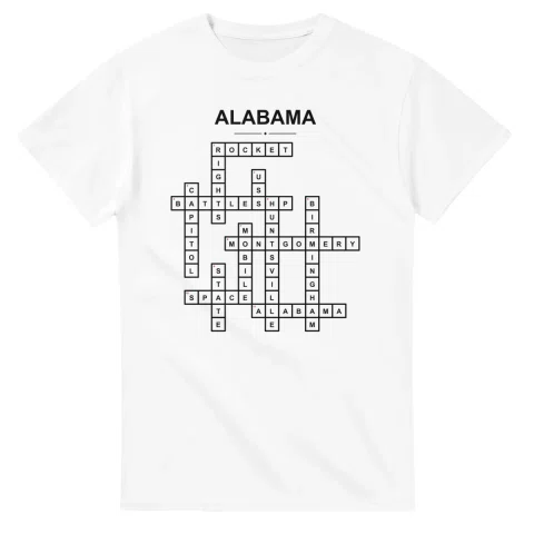 Monochrome crossword sheet for Alabama, with a large place-name heading, a letter grid, and numbered across and down clues.
