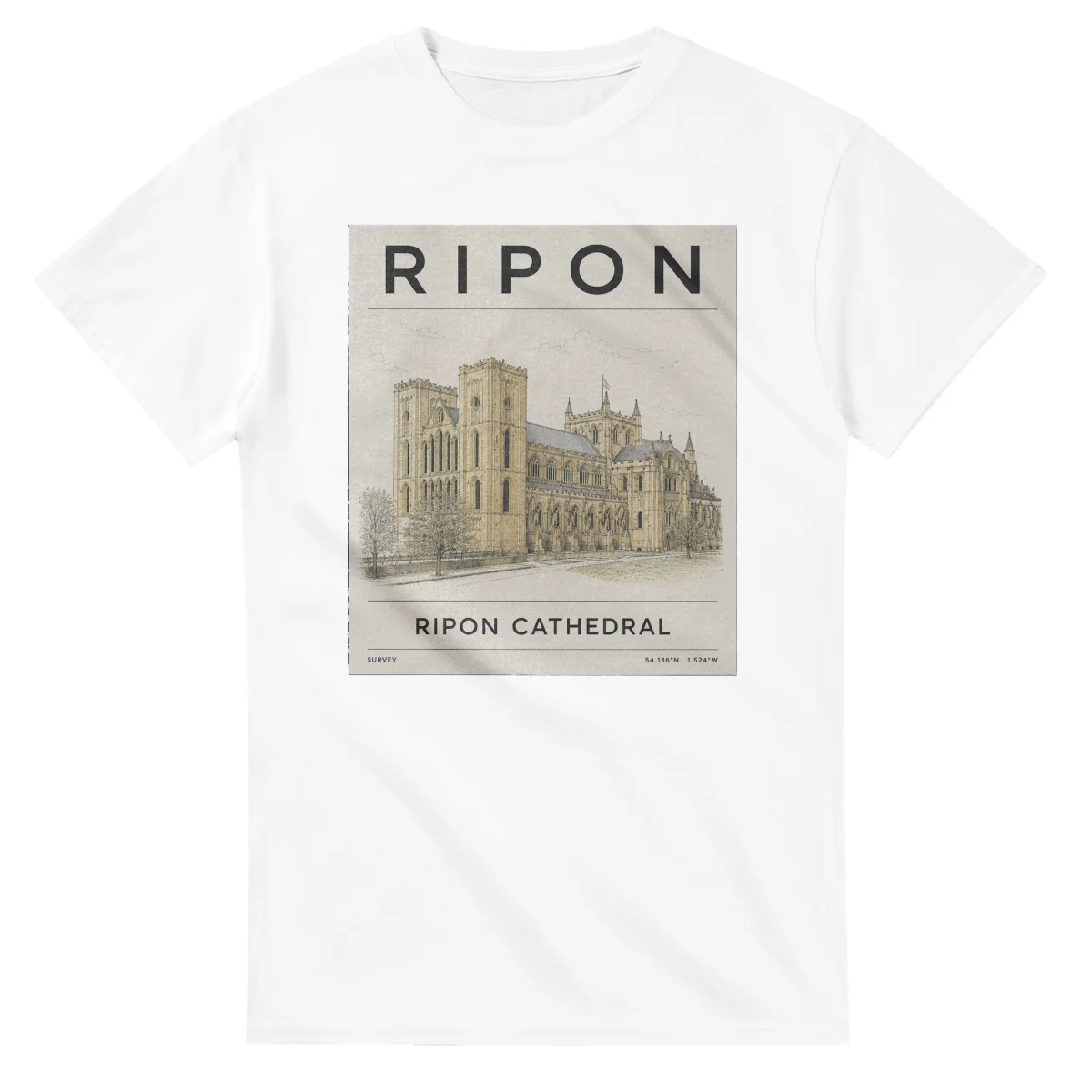 Fine-line engraving-style drawing for Ripon, with a landmark caption and small coordinate text.