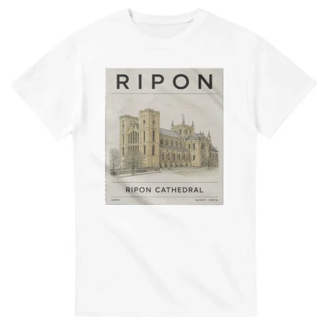 Fine-line engraving-style drawing for Ripon, with a landmark caption and small coordinate text.