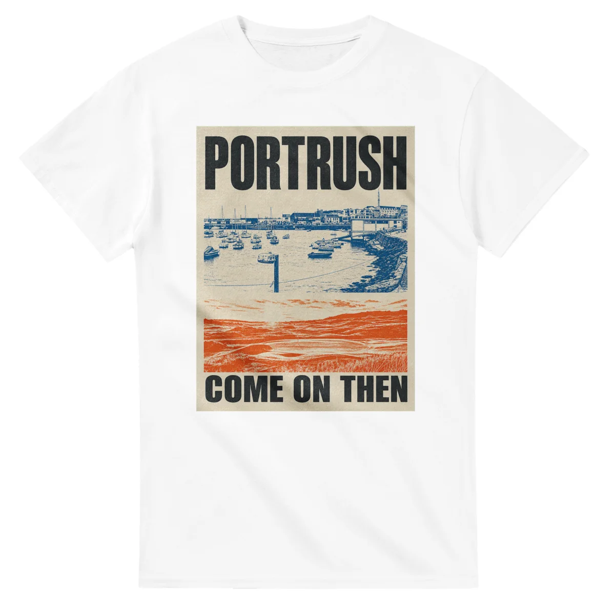 Two-colour scenic illustration for Portrush, with the place name and COME ON THEN lettering.