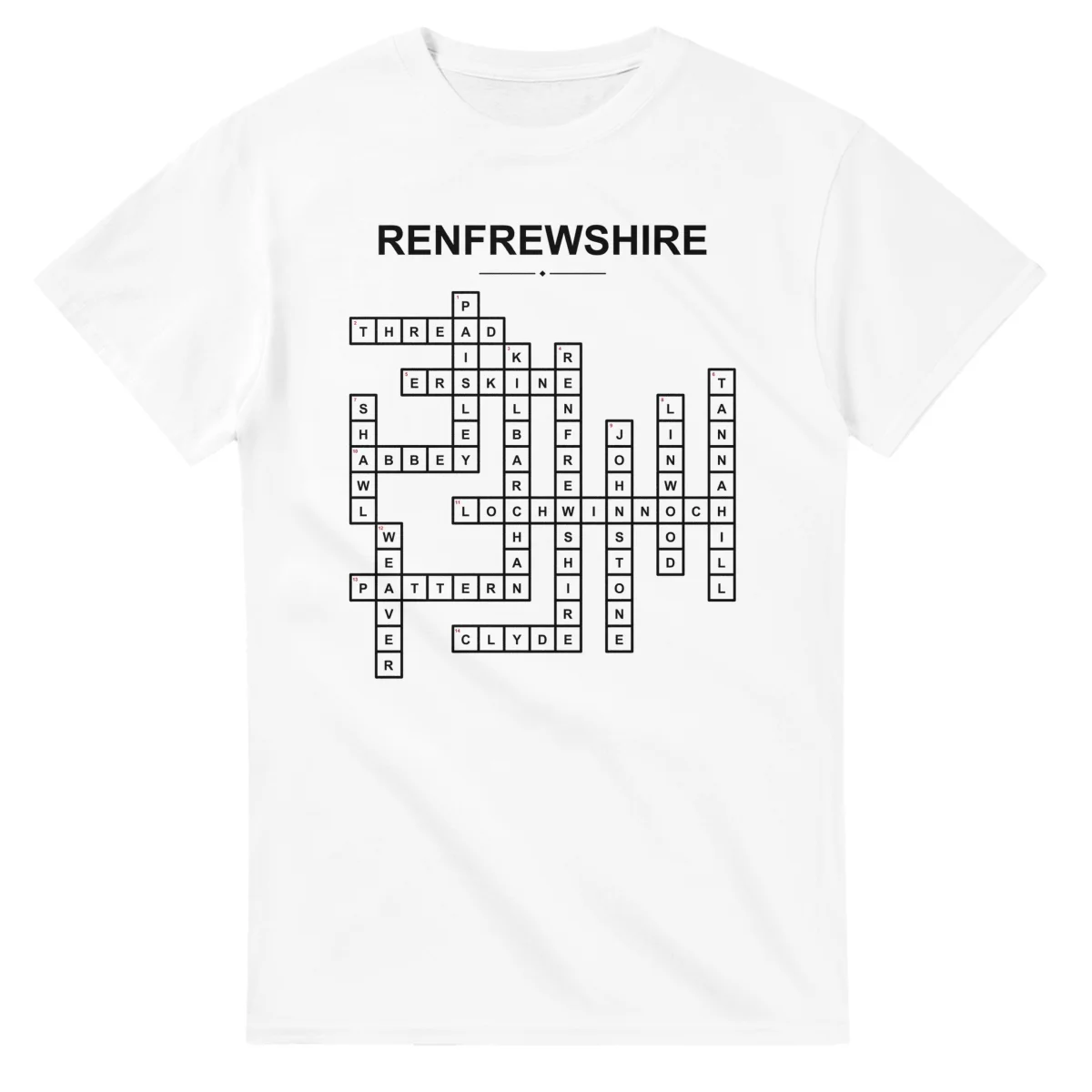 Monochrome crossword sheet for Renfrewshire, with a large place-name heading, a letter grid, and numbered across and down clues.