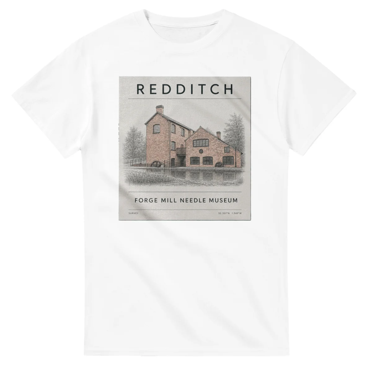 Fine-line engraving-style drawing for Redditch, with a landmark caption and small coordinate text.