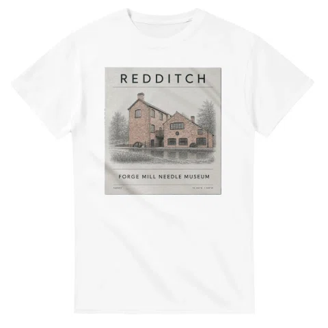 Fine-line engraving-style drawing for Redditch, with a landmark caption and small coordinate text.