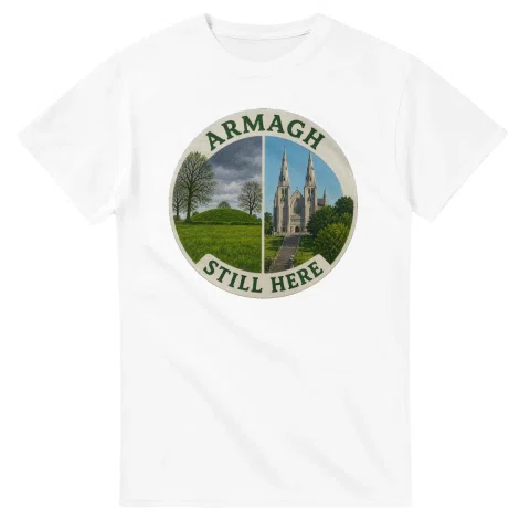 Painted, panelled scenic illustration for County Armagh, with paired local scenes and the place name in lettering.