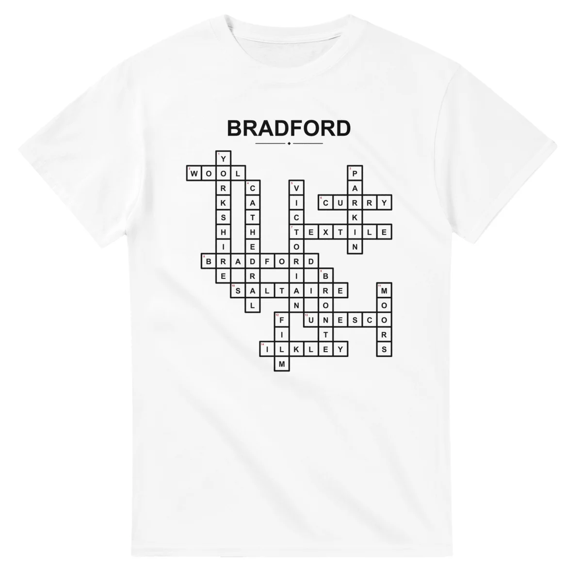 Monochrome crossword sheet for Bradford, with a large place-name heading, a letter grid, and numbered across and down clues.
