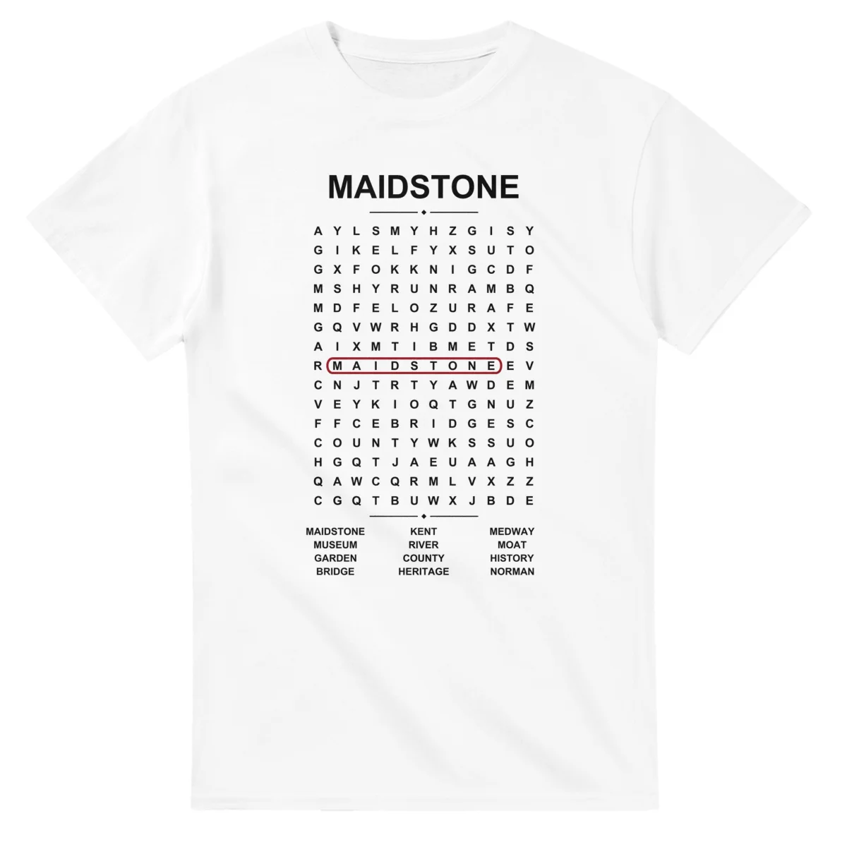 Word-search sheet for Maidstone, with a large place-name heading, a letter grid, a local answer list, and a red highlighted example word.