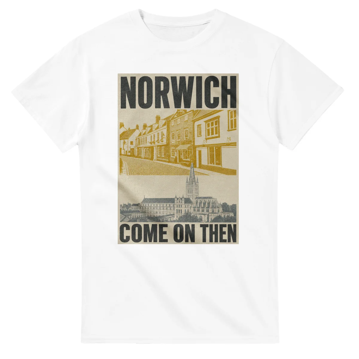 Two-colour scenic illustration for Norwich, with the place name and COME ON THEN lettering.