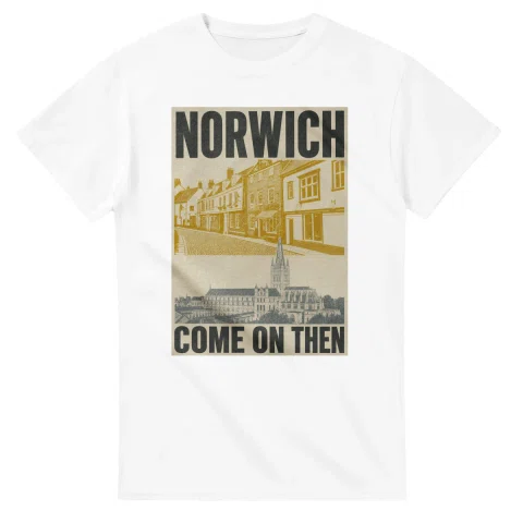 Two-colour scenic illustration for Norwich, with the place name and COME ON THEN lettering.