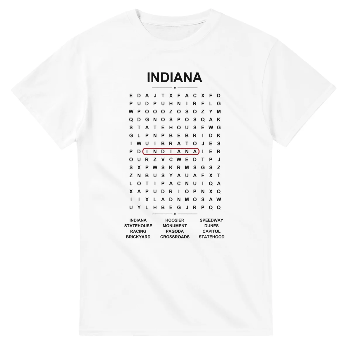 Word-search sheet for Indiana, with a large place-name heading, a letter grid, a local answer list, and a red highlighted example word.