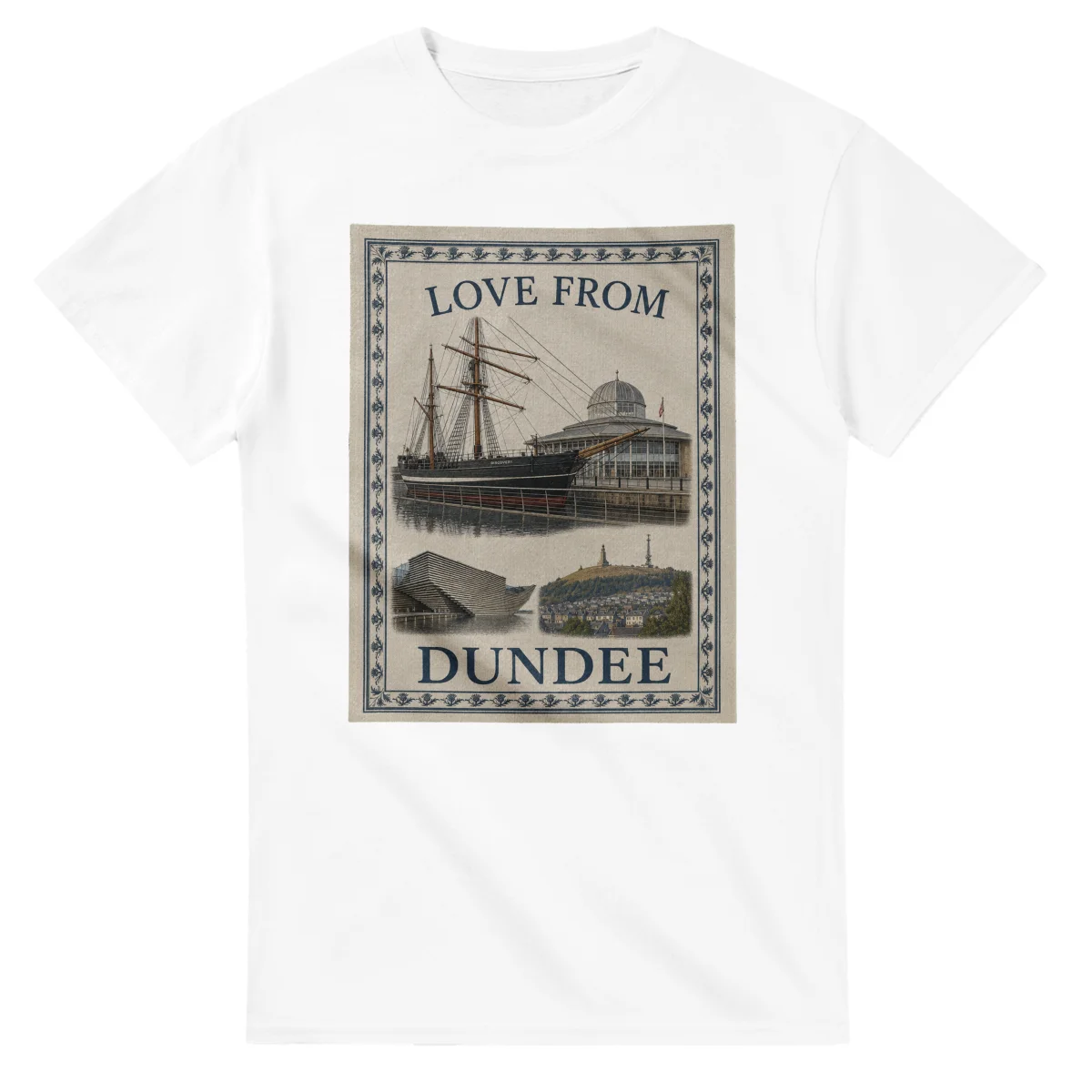 Framed scenic design for Dundee, with several local views, a decorative border and LOVE FROM lettering.