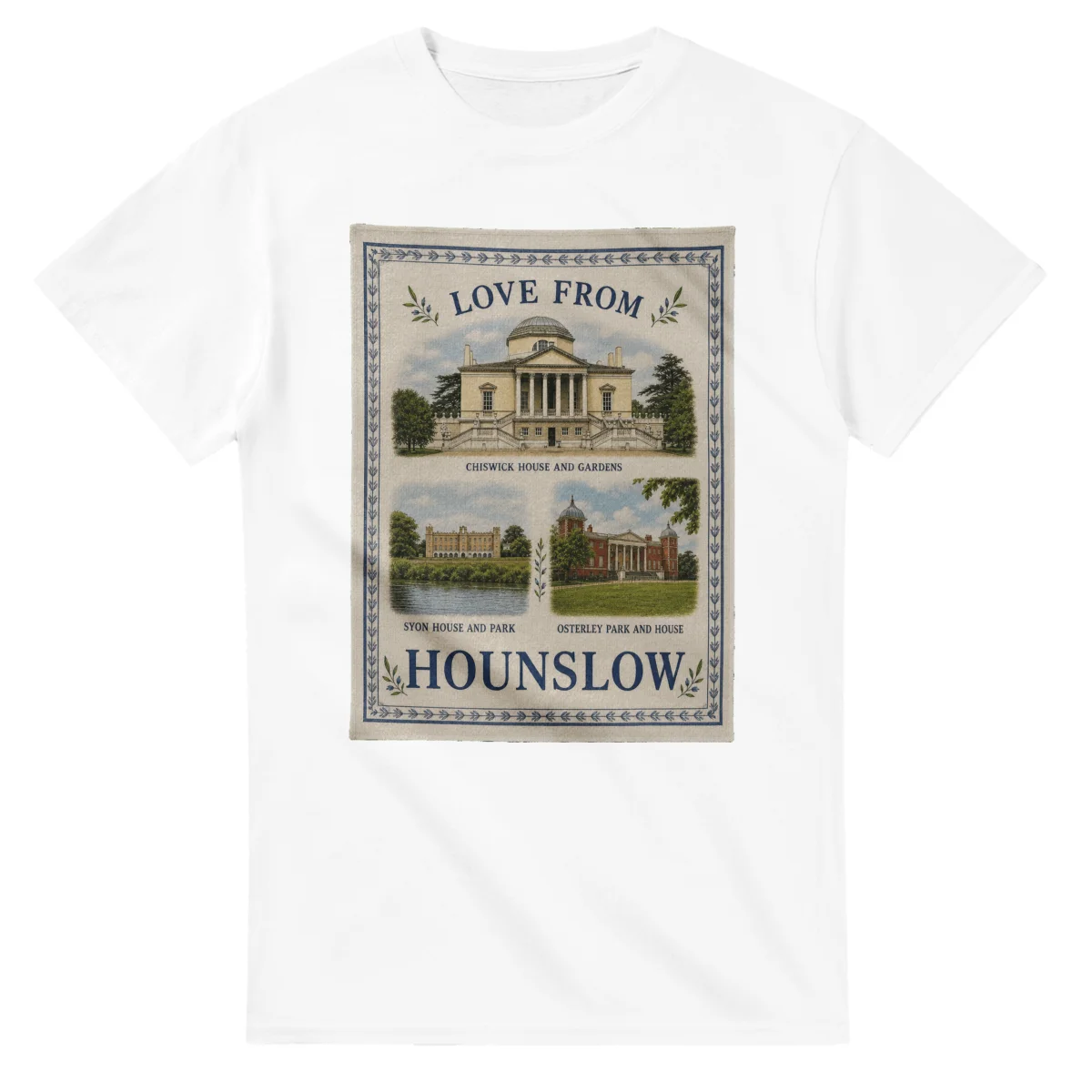Framed scenic design for London Borough of Hounslow, with several local views, a decorative border and LOVE FROM lettering.