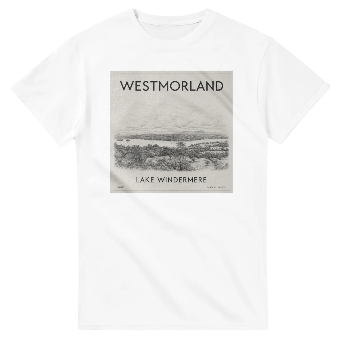 Fine-line engraving-style drawing for Westmorland, with a landmark caption and small coordinate text.