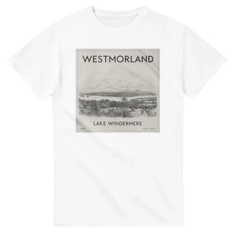 Fine-line engraving-style drawing for Westmorland, with a landmark caption and small coordinate text.