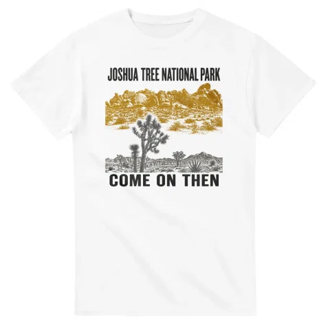 Two-colour scenic illustration for Joshua Tree National Park, with the place name and COME ON THEN lettering.