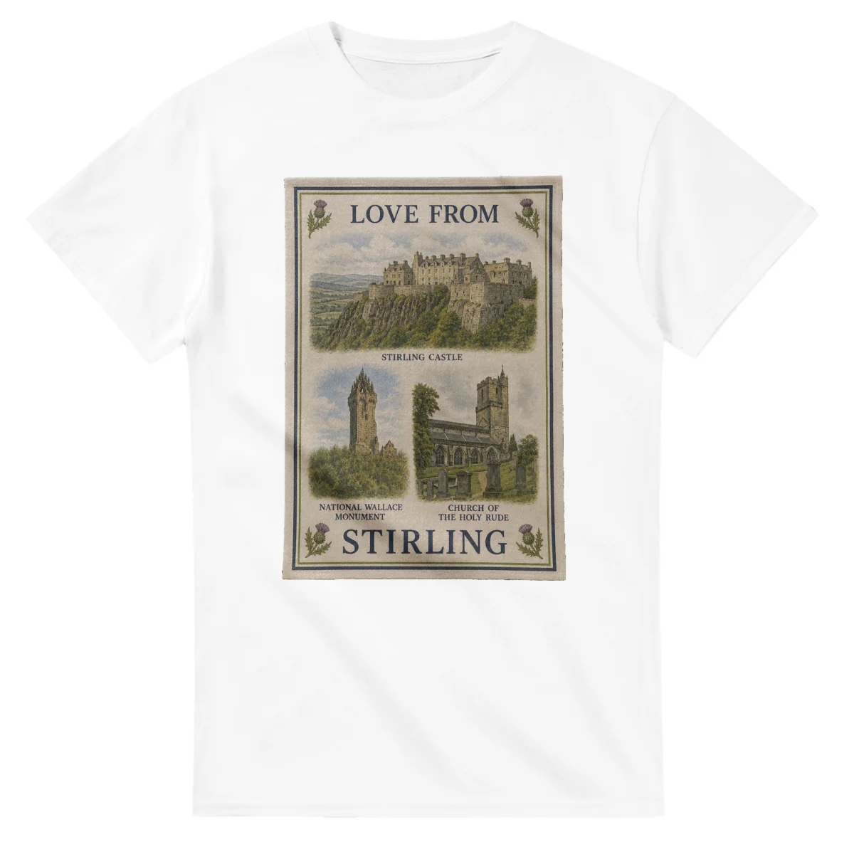 Framed scenic design for Stirling, with several local views, a decorative border and LOVE FROM lettering.