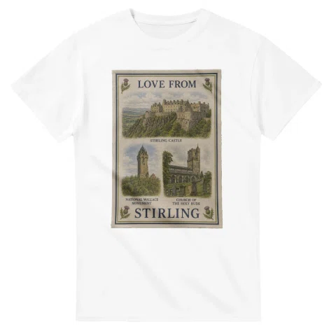 Framed scenic design for Stirling, with several local views, a decorative border and LOVE FROM lettering.