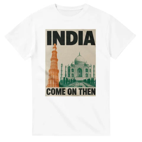 Two-colour scenic illustration for India, with the place name and COME ON THEN lettering.