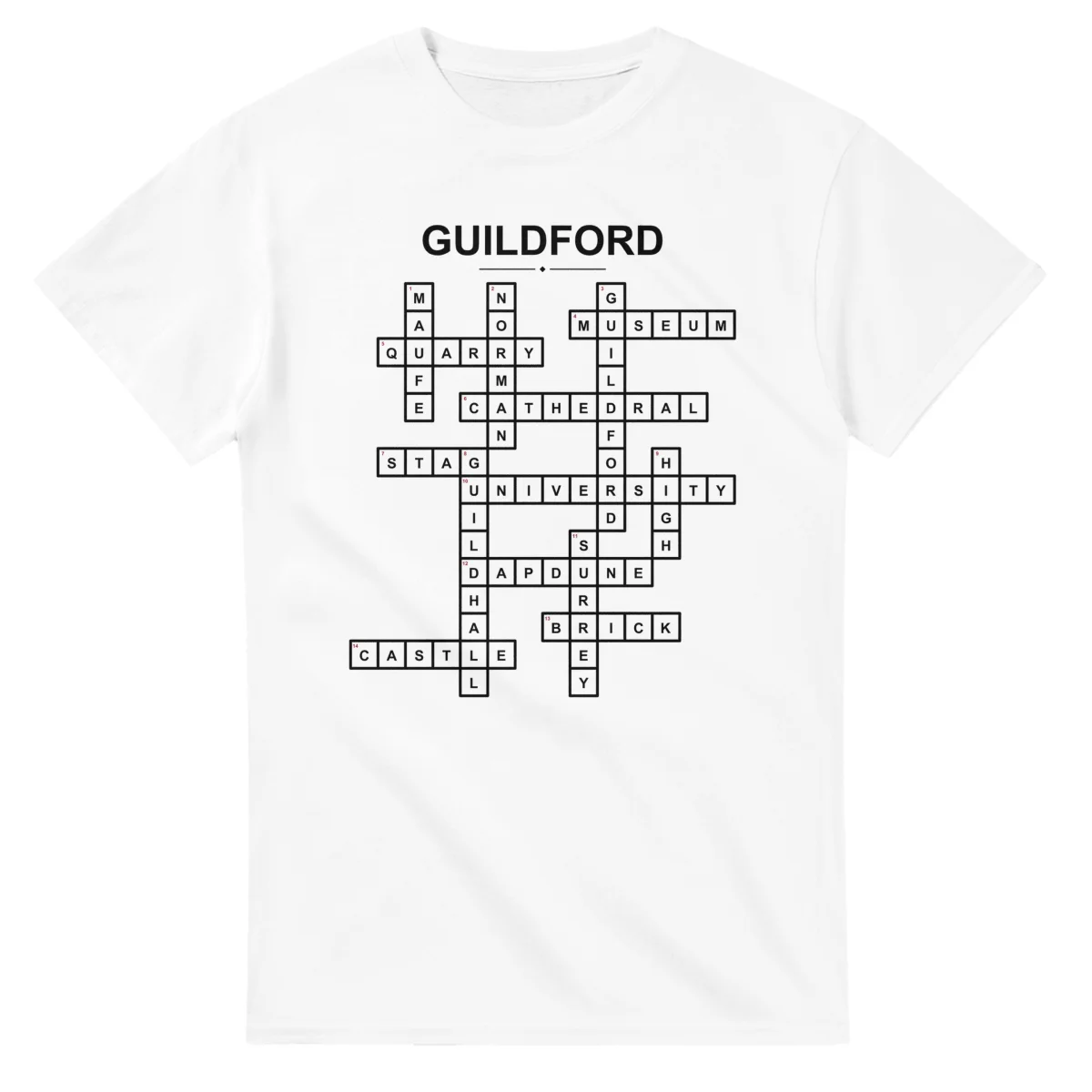 Monochrome crossword sheet for Guildford, with a large place-name heading, a letter grid, and numbered across and down clues.
