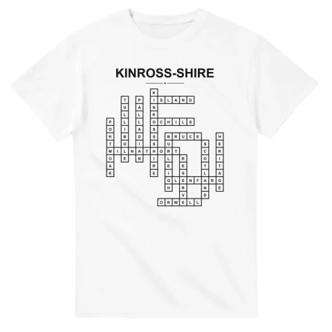 Monochrome crossword sheet for Kinross-shire, with a large place-name heading, a letter grid, and numbered across and down clues.