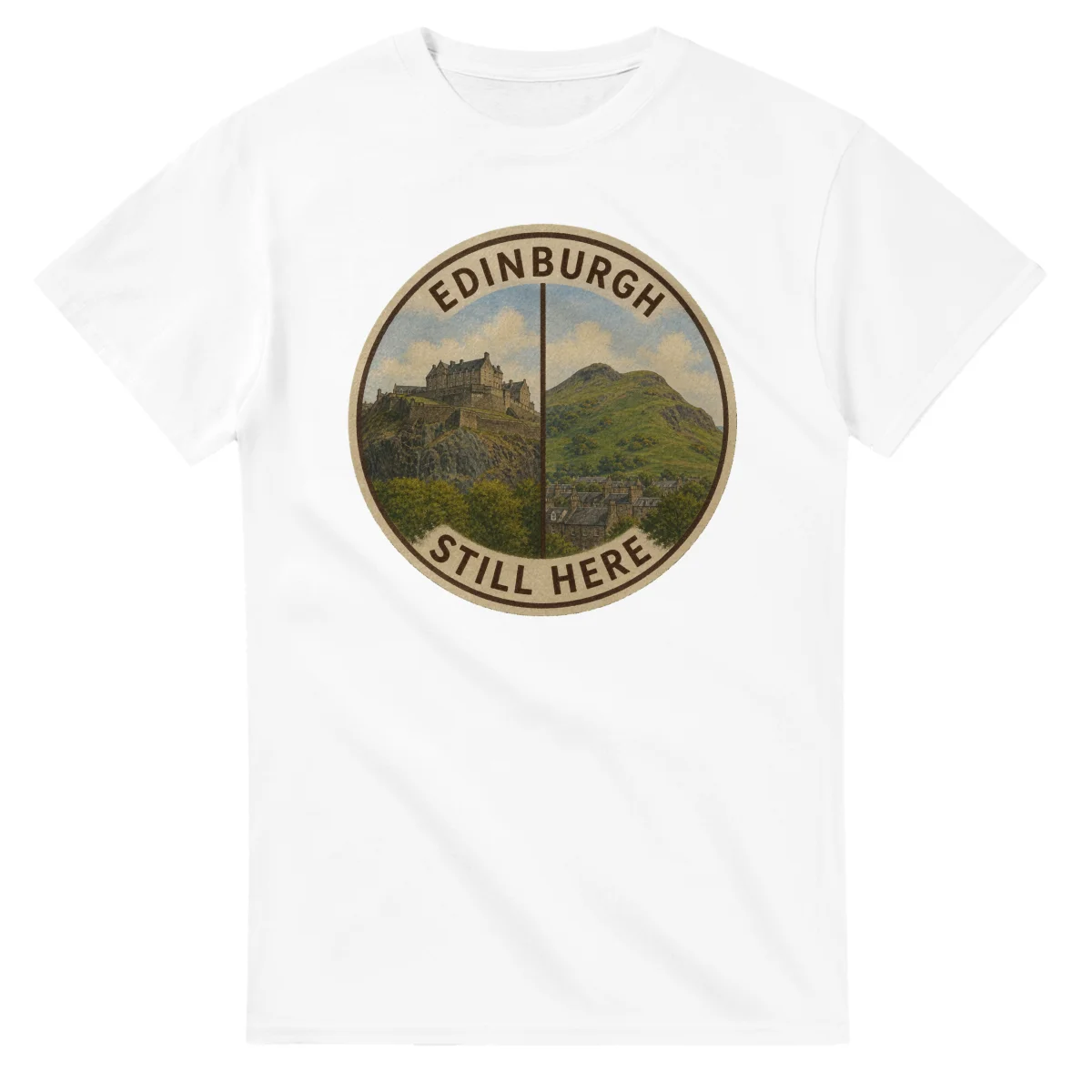Painted, panelled scenic illustration for Edinburgh, with paired local scenes and the place name in lettering.