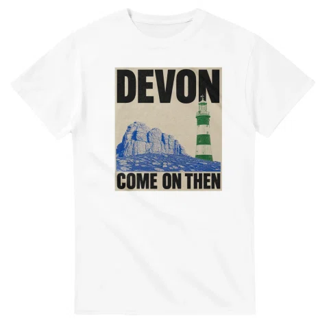 Two-colour scenic illustration for Devon, with the place name and COME ON THEN lettering.