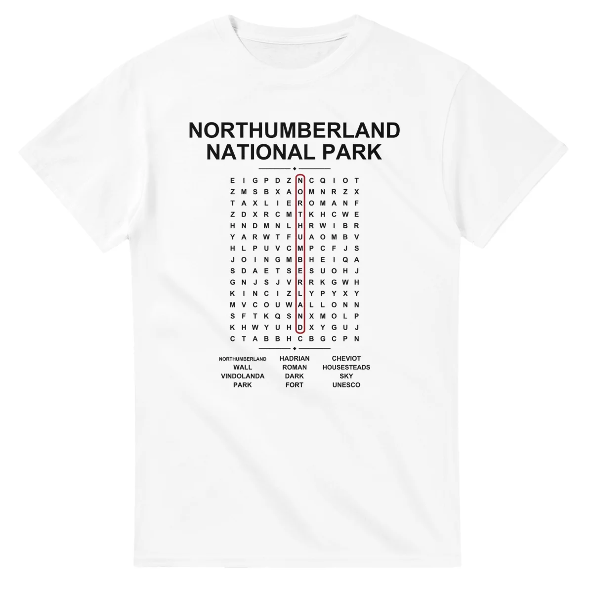 Word-search sheet for Northumberland National Park, with a large place-name heading, a letter grid, a local answer list, and a red highlighted example word.