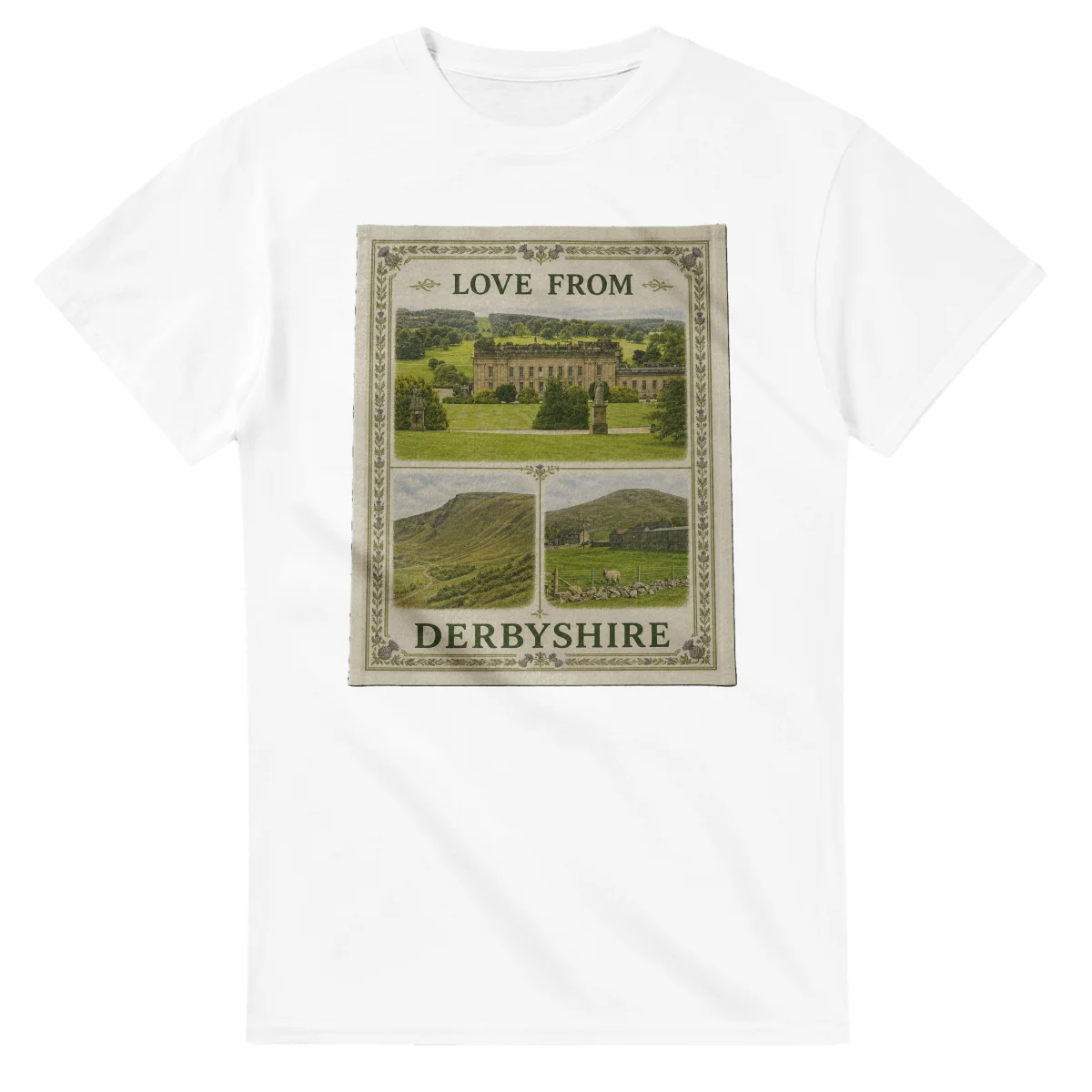 Framed scenic design for Derbyshire, with several local views, a decorative border and LOVE FROM lettering.
