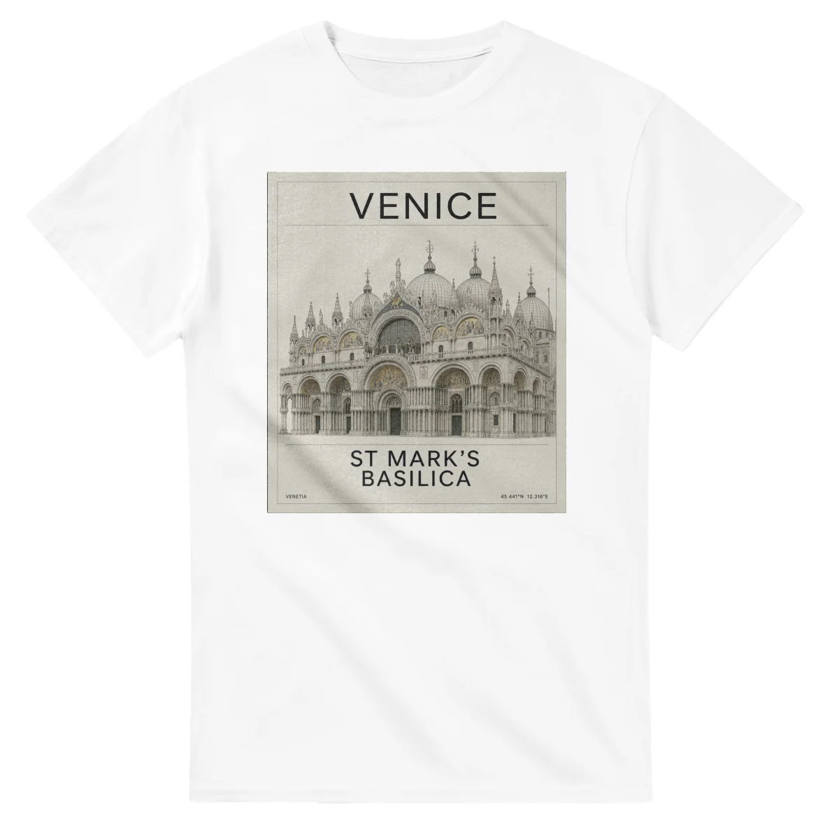 Fine-line engraving-style drawing for Venice, with a landmark caption and small coordinate text.