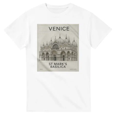 Fine-line engraving-style drawing for Venice, with a landmark caption and small coordinate text.