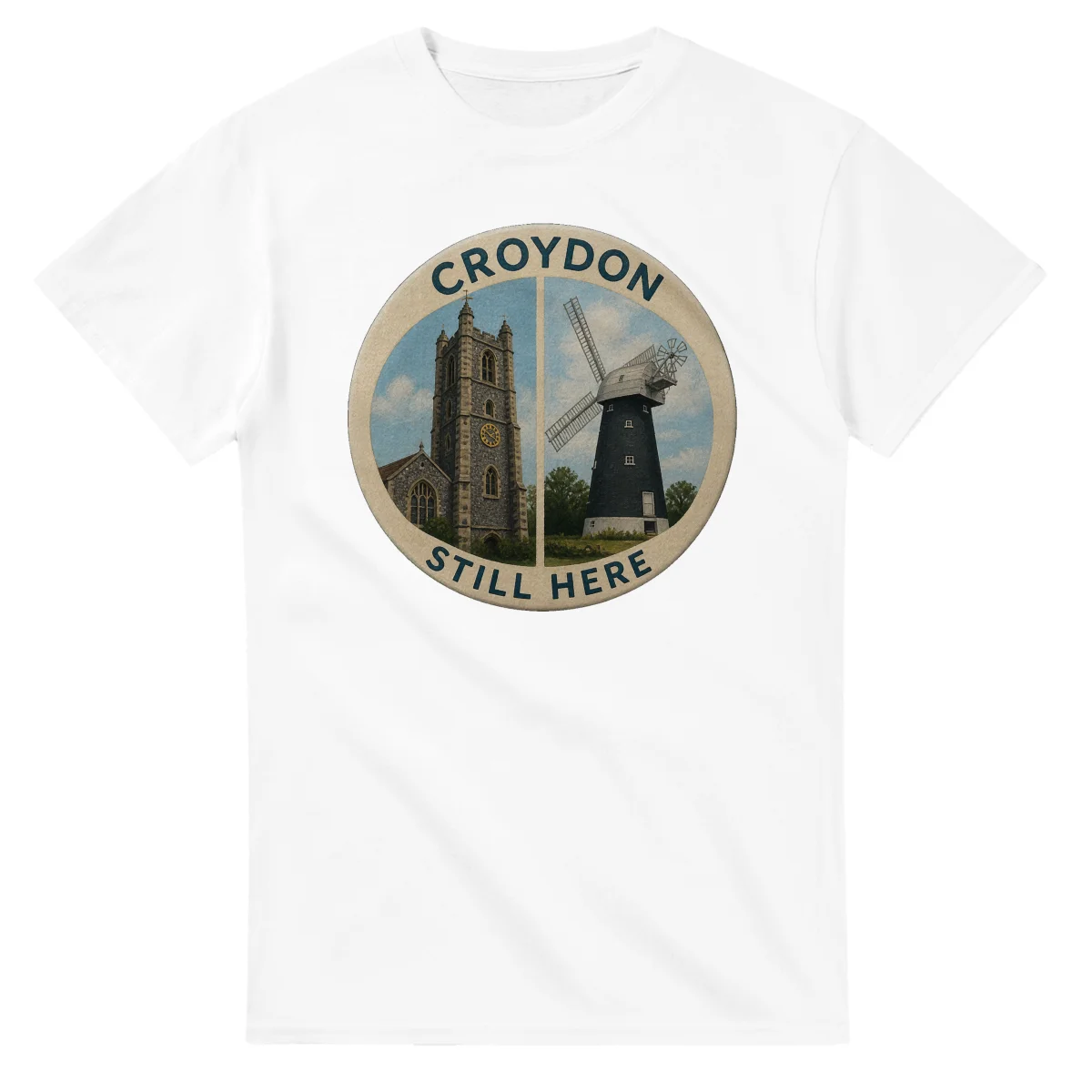 Painted, panelled scenic illustration for Croydon, with paired local scenes and the place name in lettering.