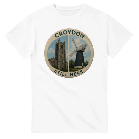 Painted, panelled scenic illustration for Croydon, with paired local scenes and the place name in lettering.