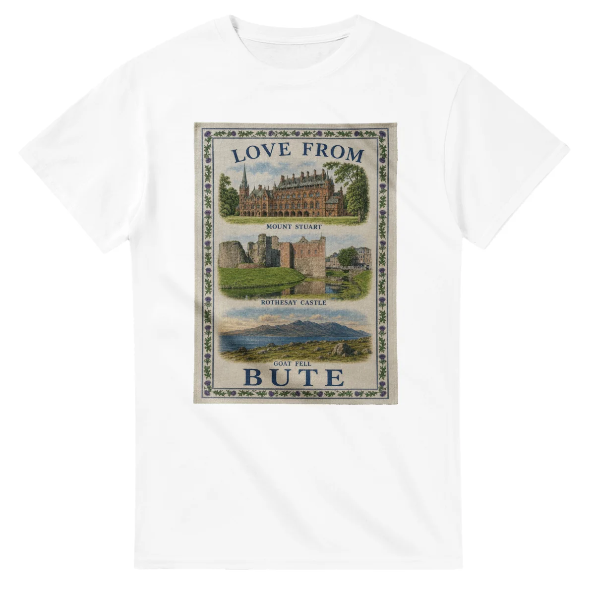 Framed scenic design for Bute, with several local views, a decorative border and LOVE FROM lettering.