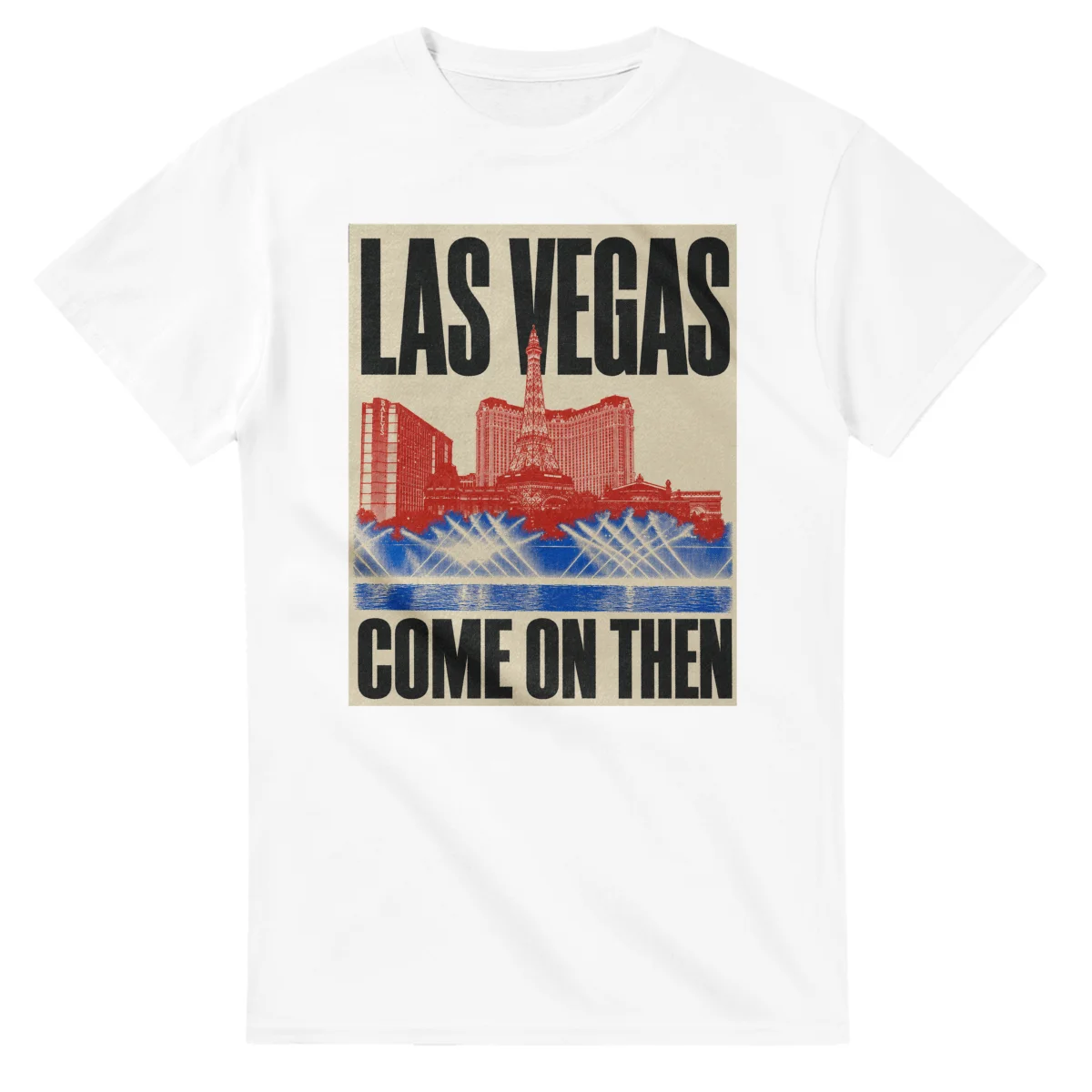 Two-colour scenic illustration for Las Vegas, with the place name and COME ON THEN lettering.