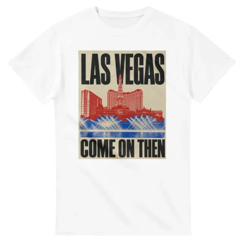 Two-colour scenic illustration for Las Vegas, with the place name and COME ON THEN lettering.