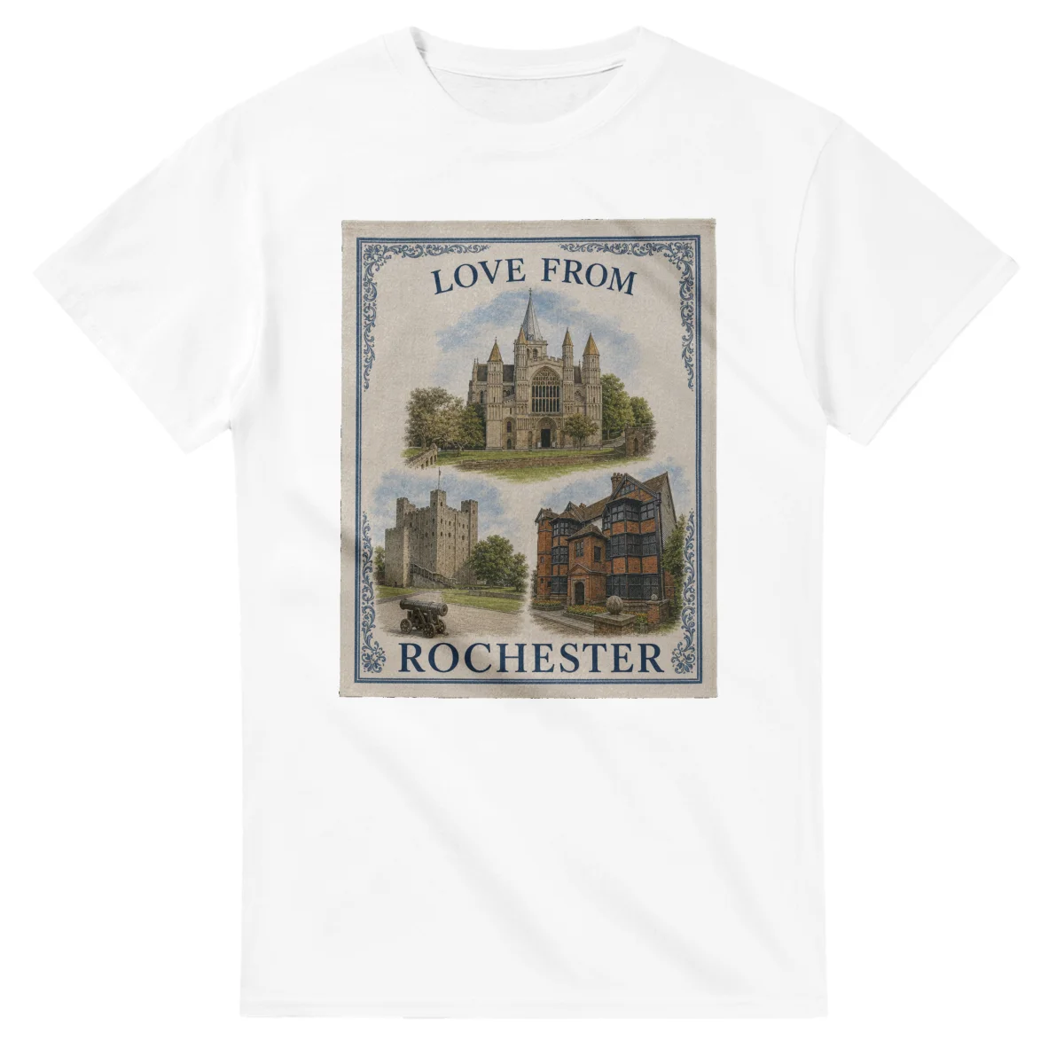 Framed scenic design for Rochester, with several local views, a decorative border and LOVE FROM lettering.