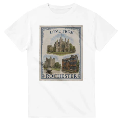 Framed scenic design for Rochester, with several local views, a decorative border and LOVE FROM lettering.