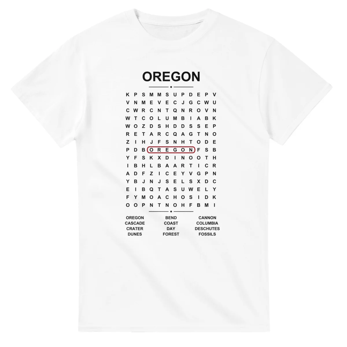 Word-search sheet for Oregon, with a large place-name heading, a letter grid, a local answer list, and a red highlighted example word.