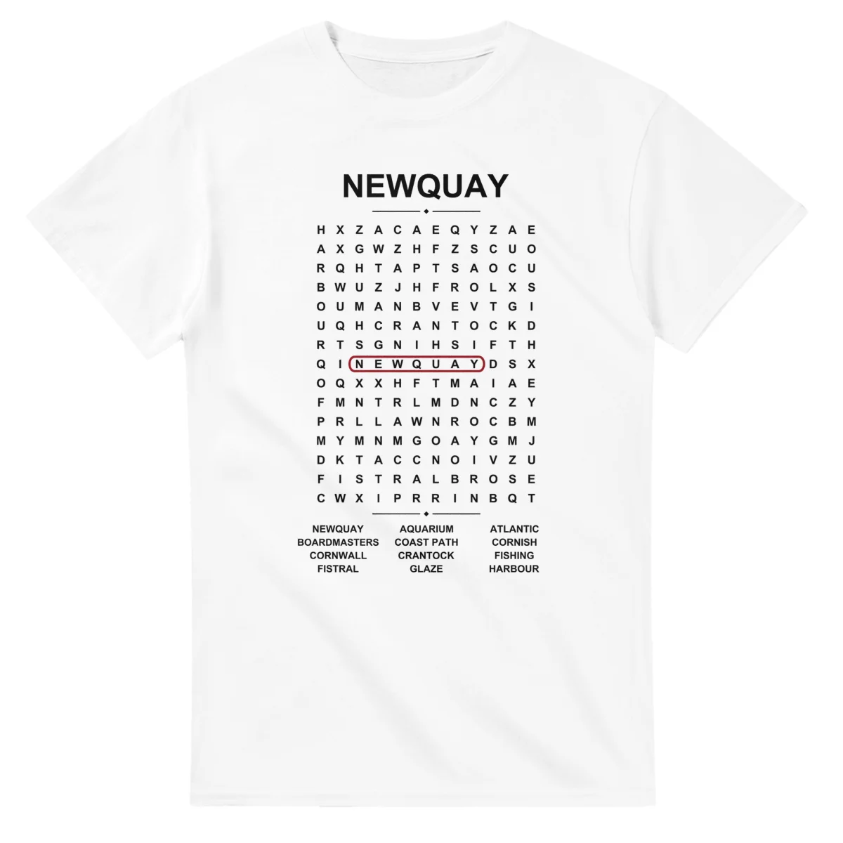 Word-search sheet for Newquay, with a large place-name heading, a letter grid, a local answer list, and a red highlighted example word.