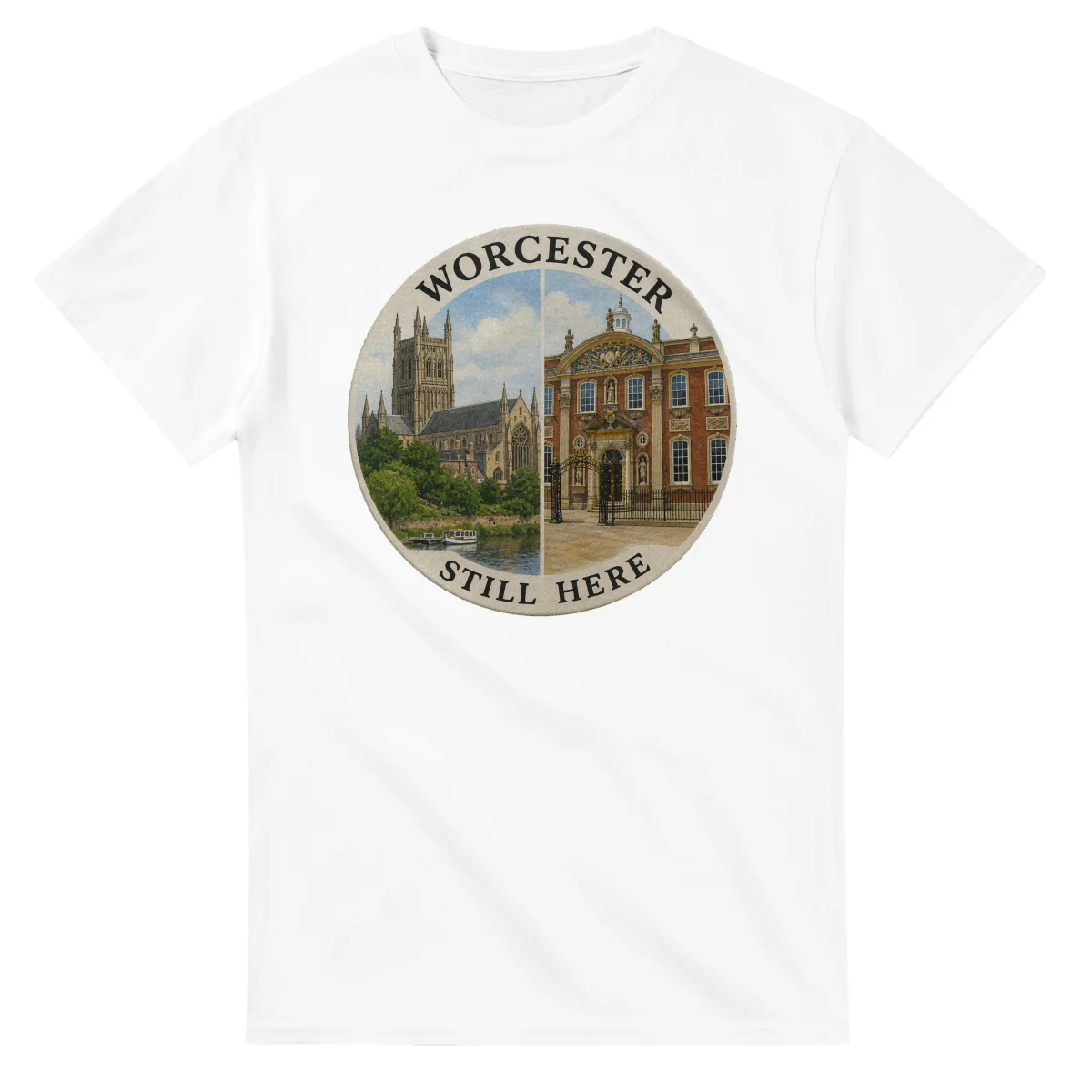 Painted, panelled scenic illustration for Worcester, with paired local scenes and the place name in lettering.