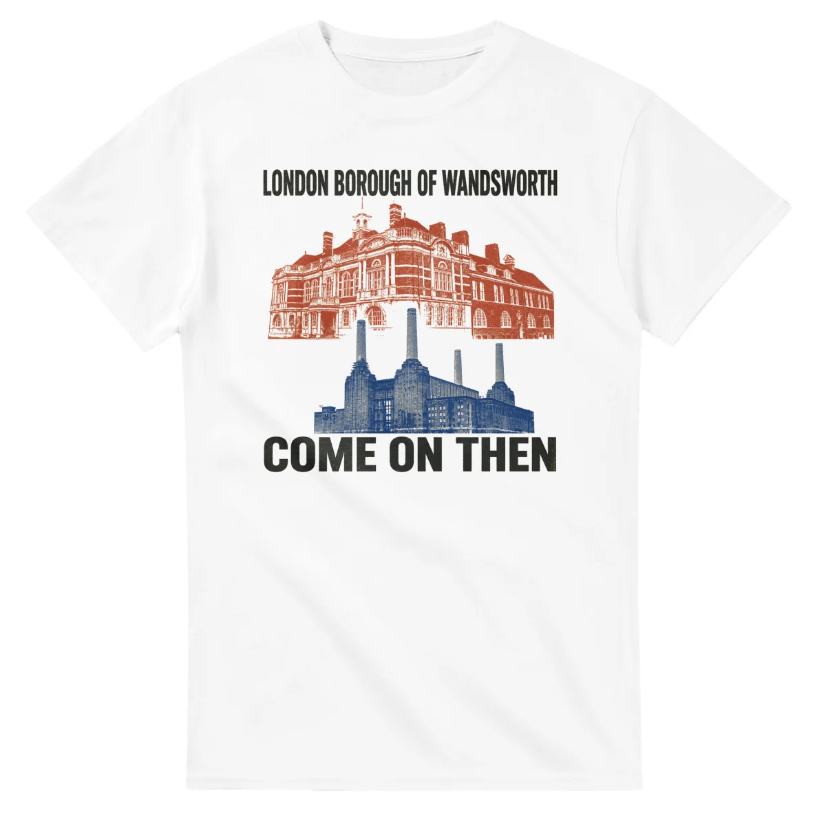 Two-colour scenic illustration for London Borough of Wandsworth, with the place name and COME ON THEN lettering.