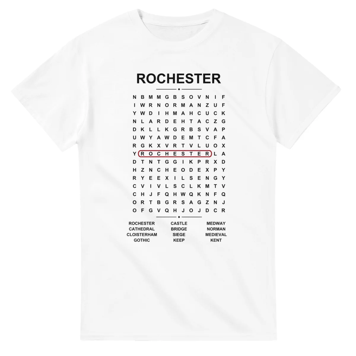Word-search sheet for Rochester, with a large place-name heading, a letter grid, a local answer list, and a red highlighted example word.