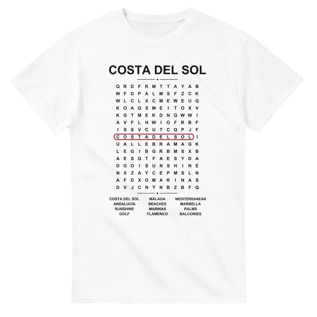 Word-search sheet for Costa del Sol, with a large place-name heading, a letter grid, a local answer list, and a red highlighted example word.