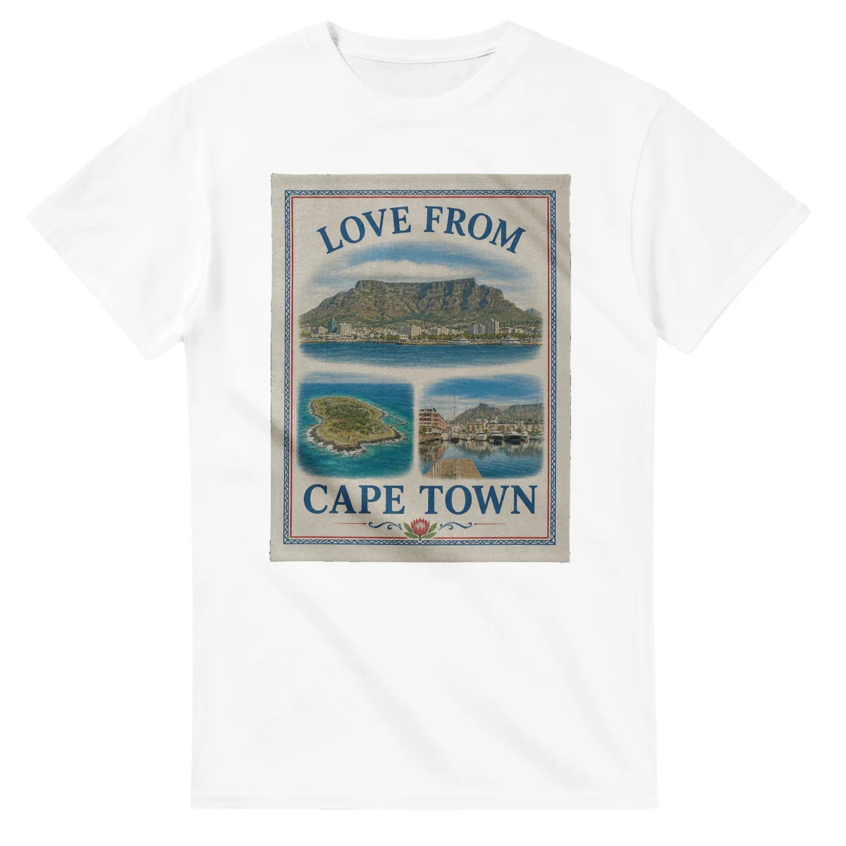 Framed scenic design for Cape Town, with several local views, a decorative border and LOVE FROM lettering.