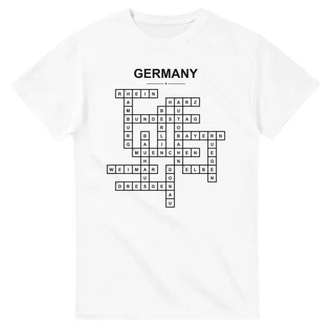 Monochrome crossword sheet for Germany, with a large place-name heading, a letter grid, and numbered across and down clues.