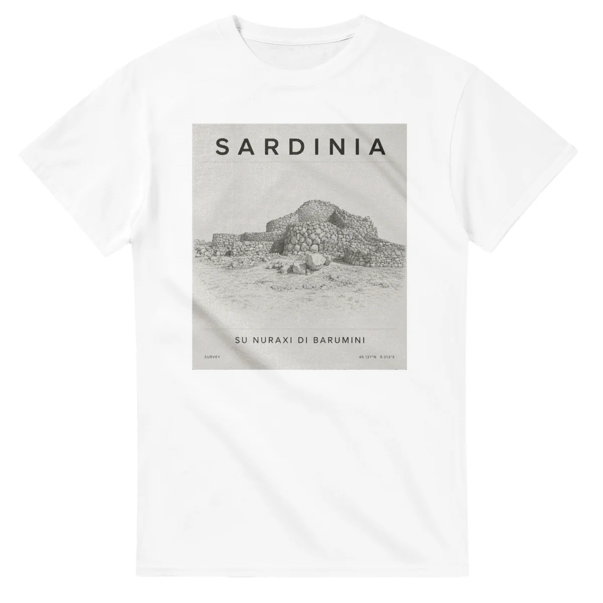 Fine-line engraving-style drawing for Sardinia, with a landmark caption and small coordinate text.