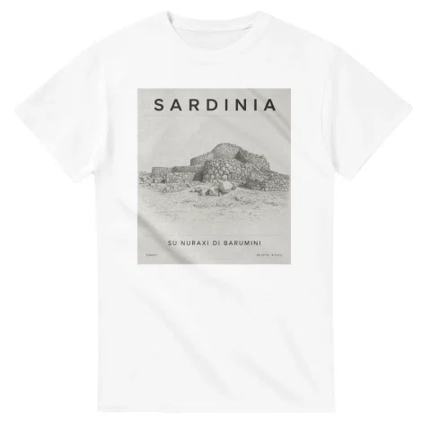 Fine-line engraving-style drawing for Sardinia, with a landmark caption and small coordinate text.
