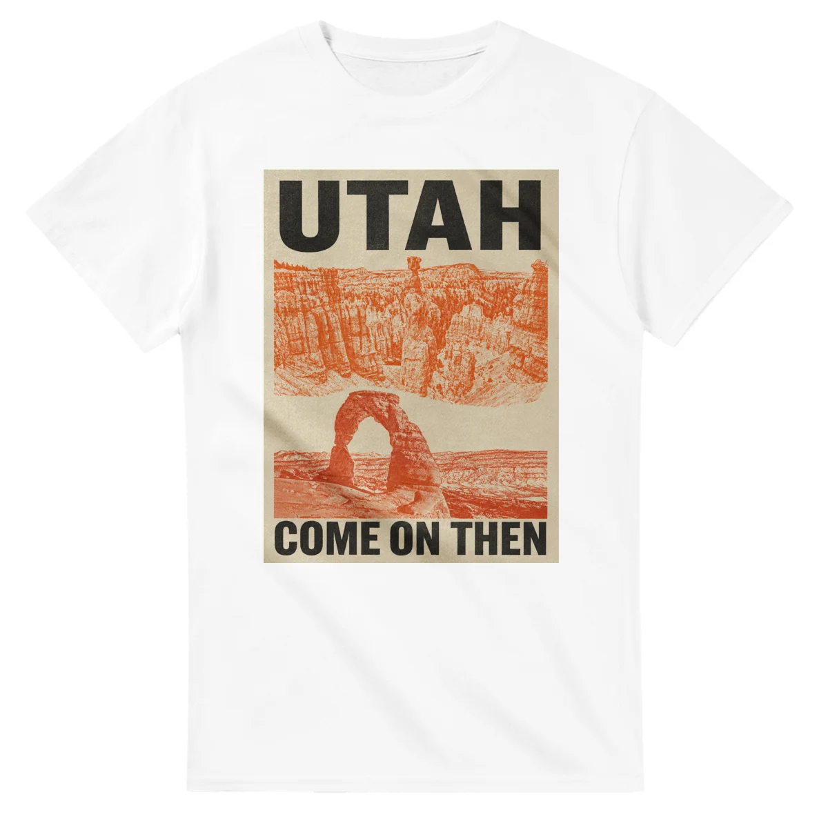 Two-colour scenic illustration for Utah, with the place name and COME ON THEN lettering.