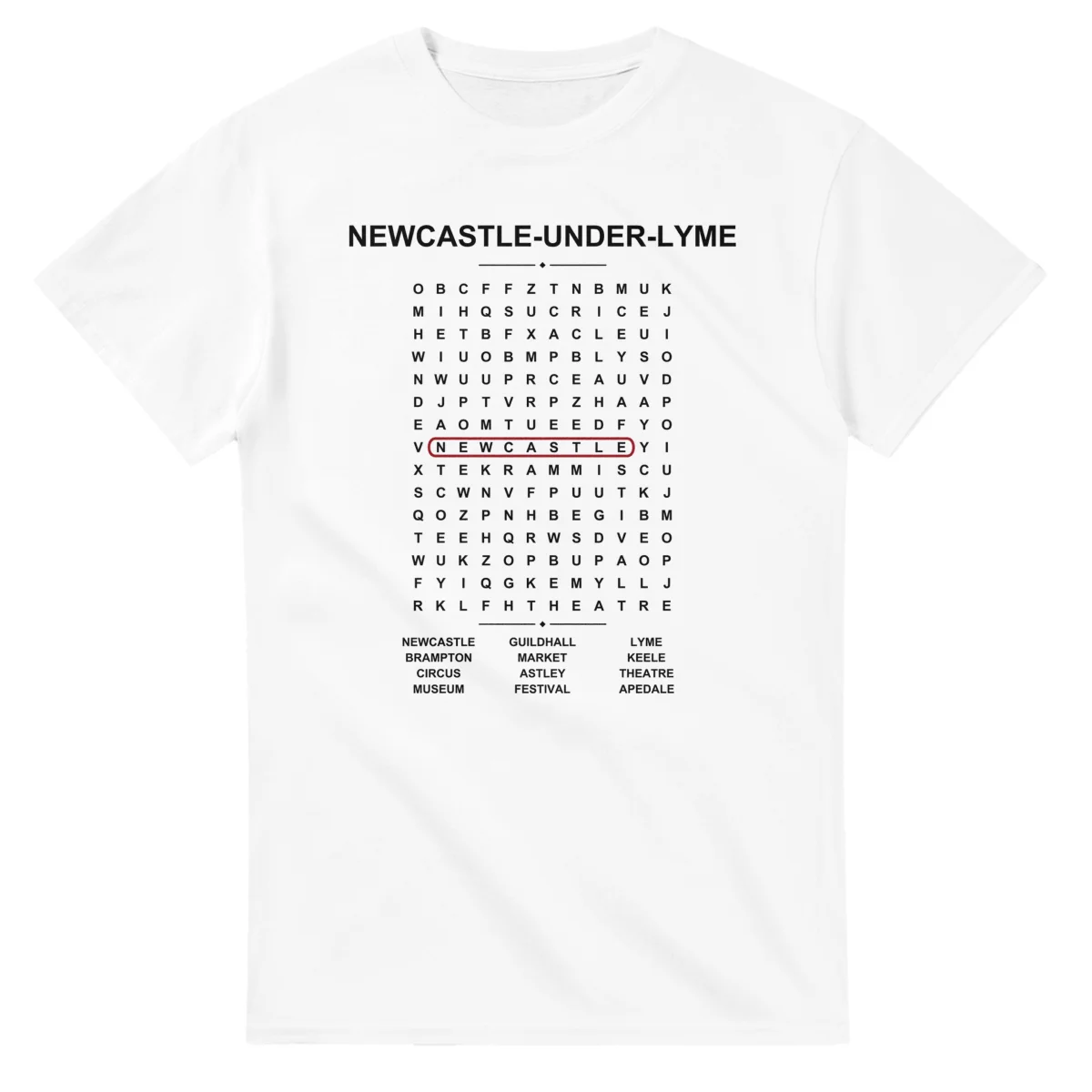 Word-search sheet for Newcastle-under-Lyme, with a large place-name heading, a letter grid, a local answer list, and a red highlighted example word.