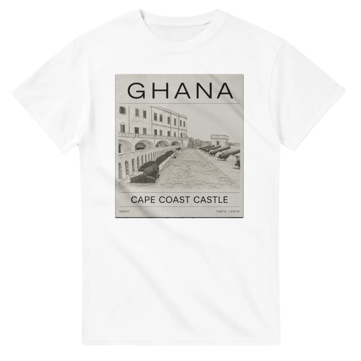 Fine-line engraving-style drawing for Ghana, with a landmark caption and small coordinate text.