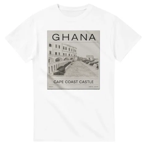 Fine-line engraving-style drawing for Ghana, with a landmark caption and small coordinate text.